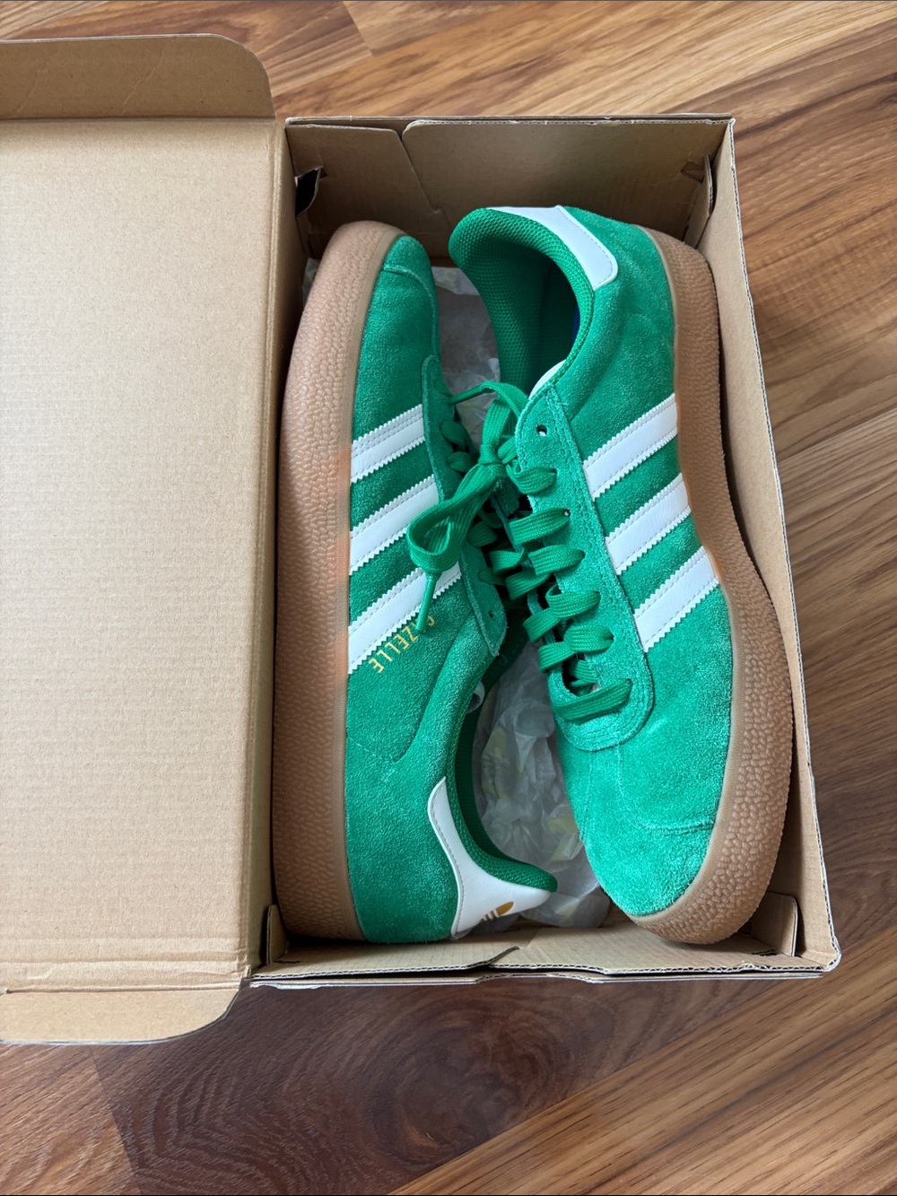 adidas Gazelle ADV shoes in a "Green/Cloud White/Gum" colorway. - Picture 8 of 8
